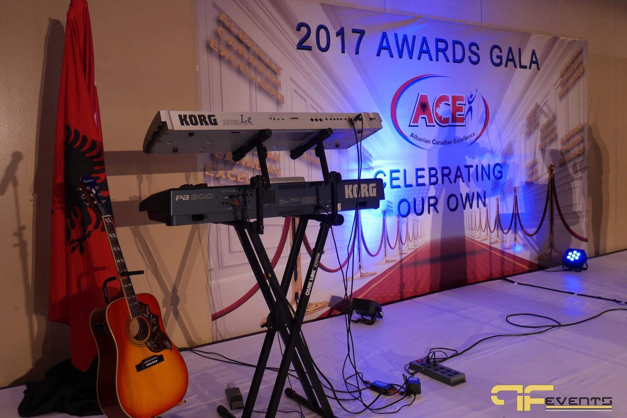 Korg keyboards, acoustic guitar and Albanian flag on the ACE gala stage