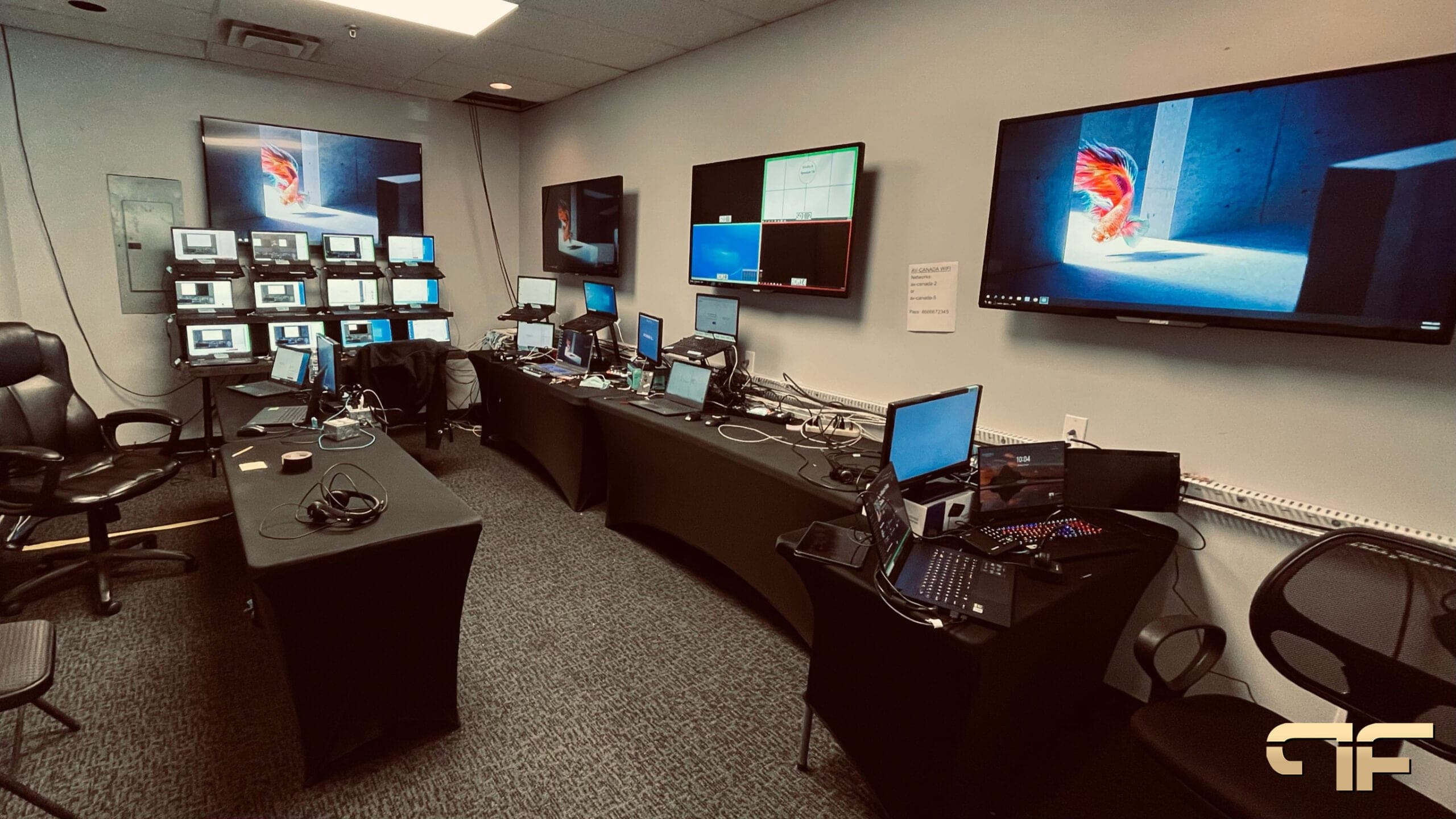 Master control room with wall displays, multiview and a laptop wall