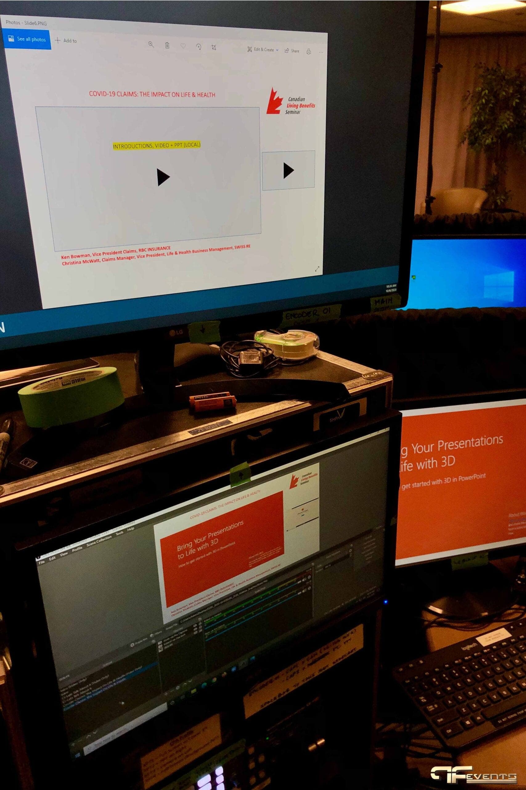 Encoder monitors showing a seminar slide and PowerPoint playback
