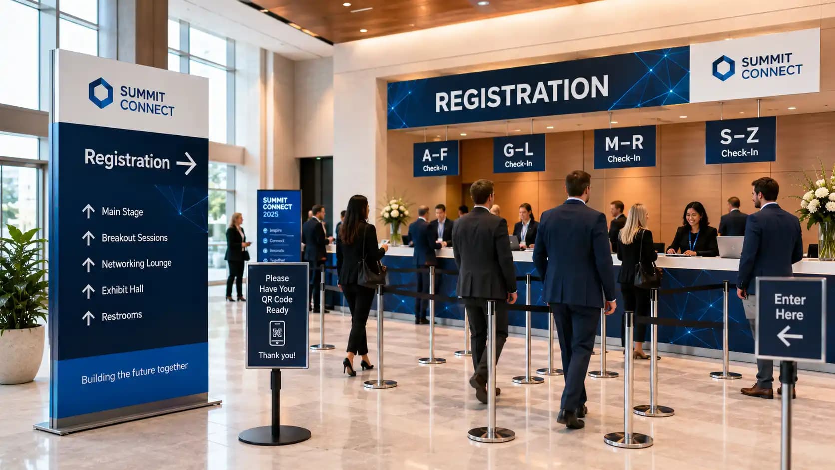 Registration signage and wayfinding signs guiding conference guests to check-in