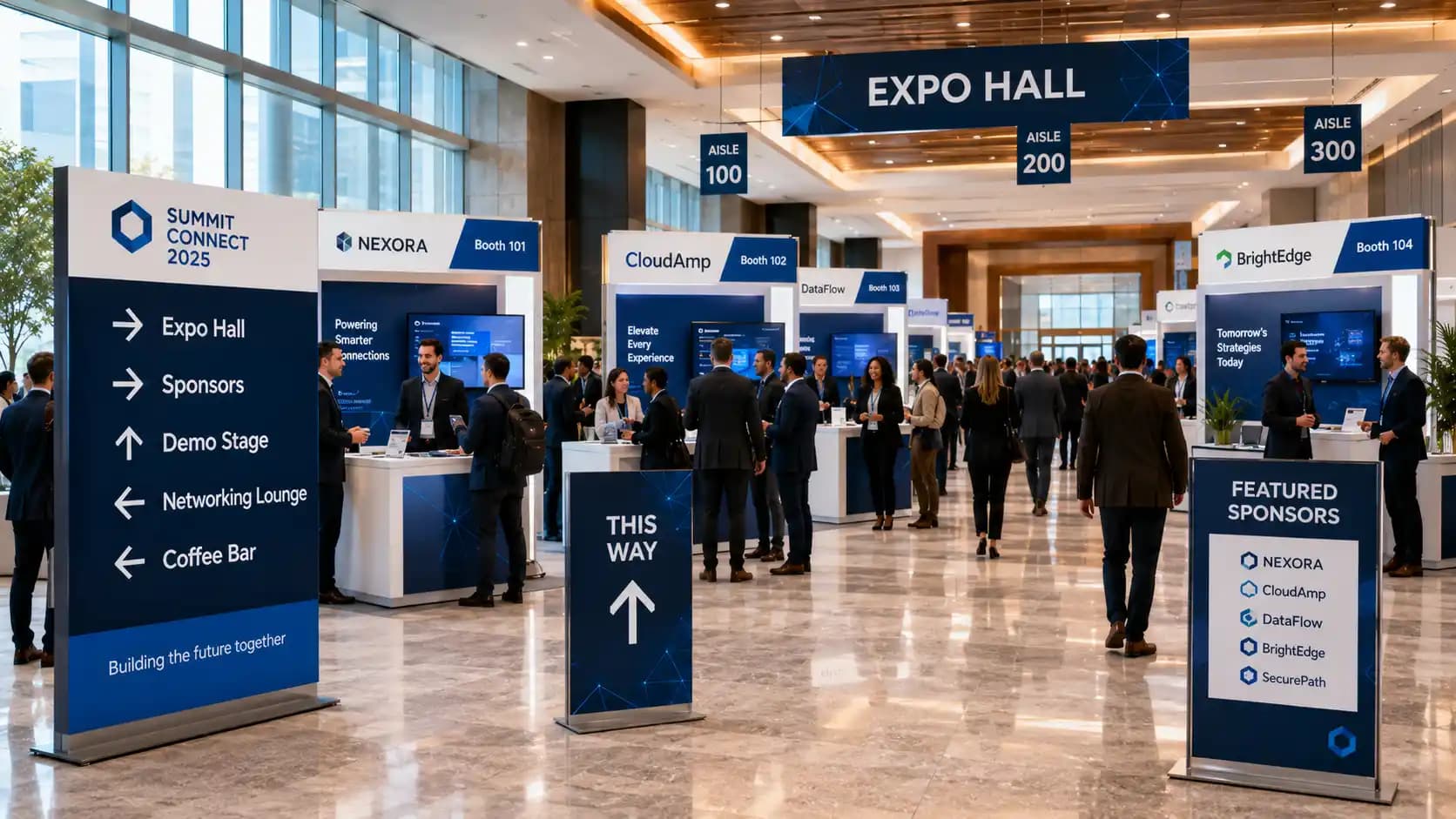 Sponsor signage and trade show signage that helps guests navigate an expo floor