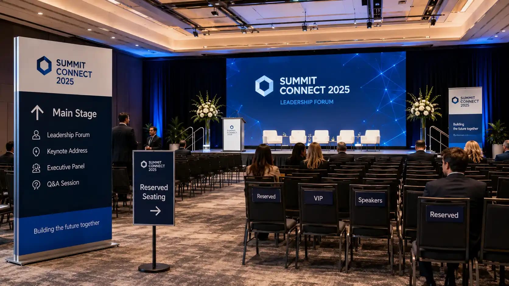 Branded event signage near a corporate event stage with reserved seating and scenic decor