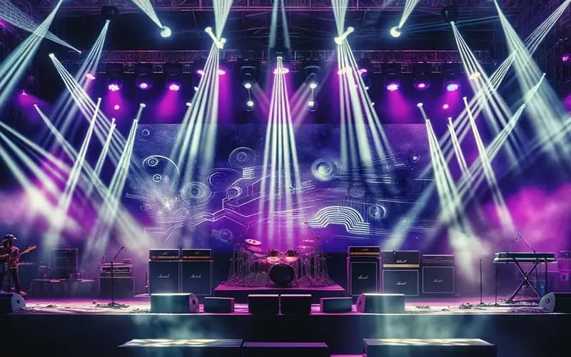 A concert stage with colorful lights, amplifiers, and a drum set.