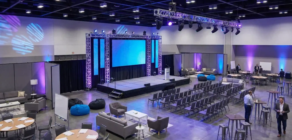 Flexible corporate event space with modular staging and breakout areas