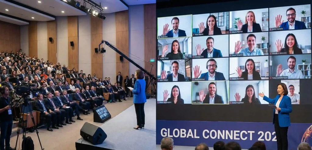 Hybrid corporate event with virtual and in-person attendees connected in Toronto