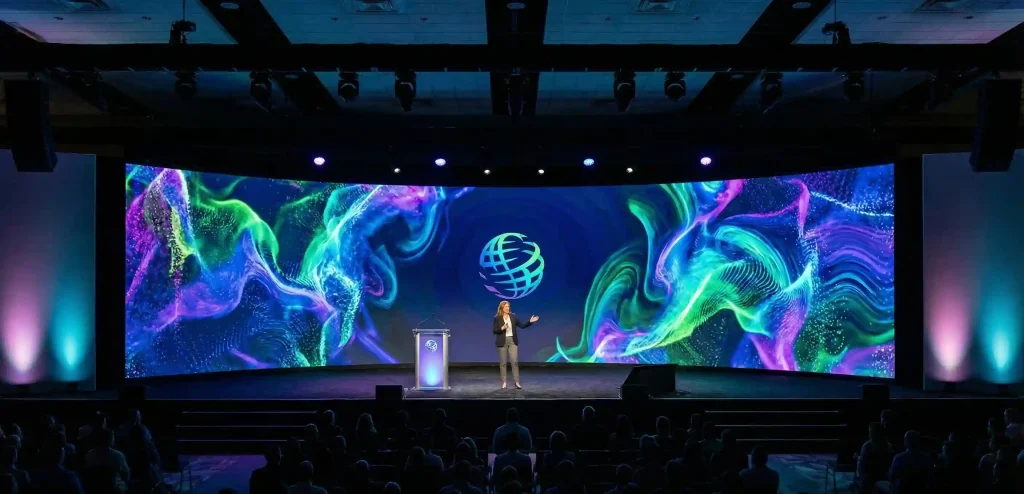 Curved LED video wall creating immersive stage environment at corporate conference