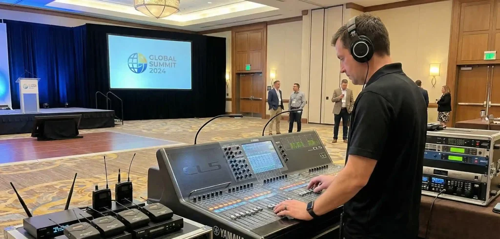Professional audio mixing console and broadcast setup for corporate event production