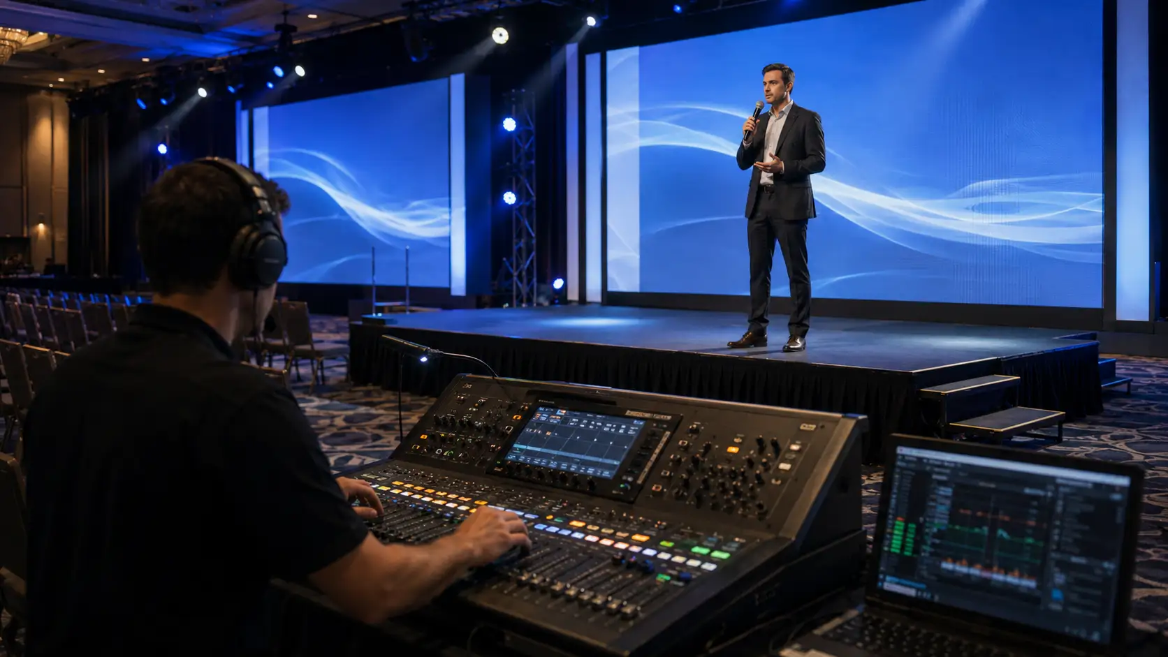AV rehearsal sound check for corporate event microphones