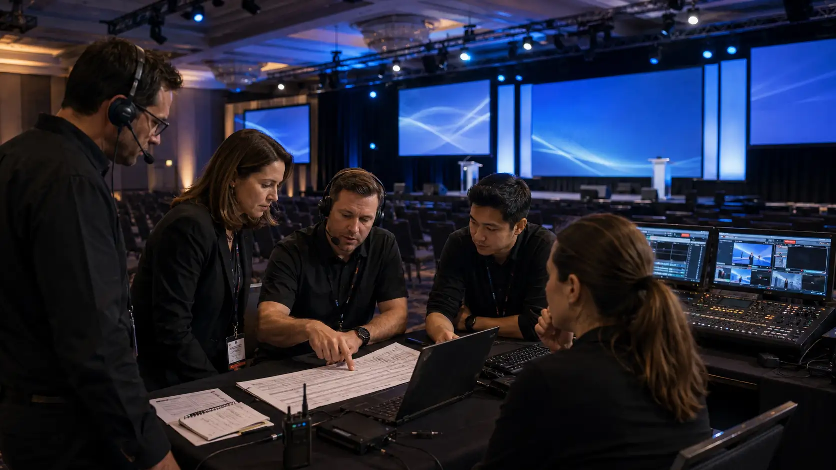 Corporate event technical rehearsal team reviewing show cues