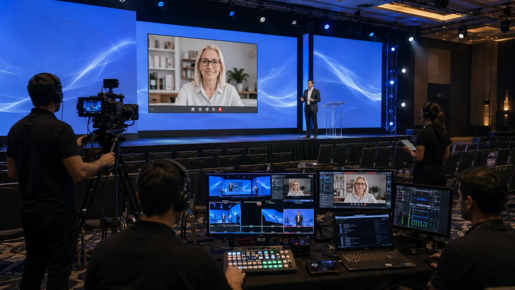 Hybrid event rehearsal with livestream and remote speaker testing