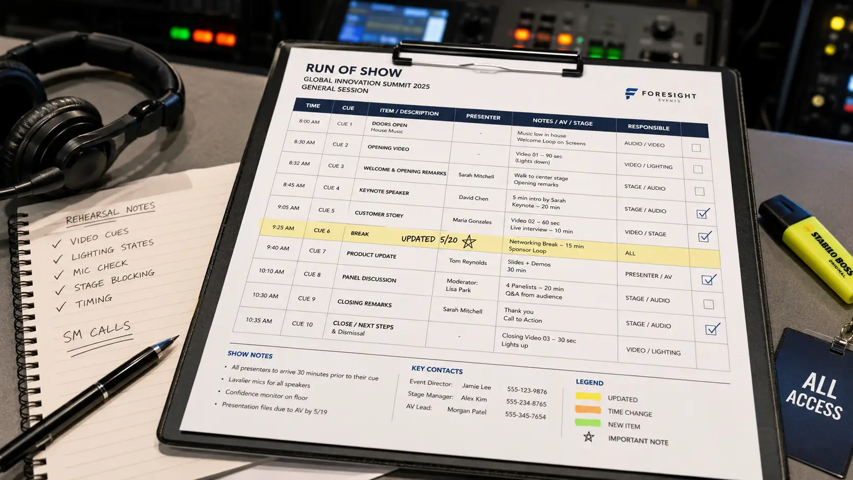 Run of show rehearsal notes for a polished corporate event