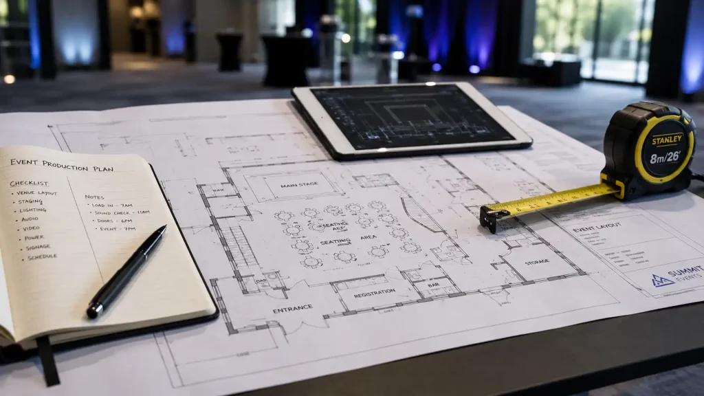 event planner reviewing venue floorplan before a site visit