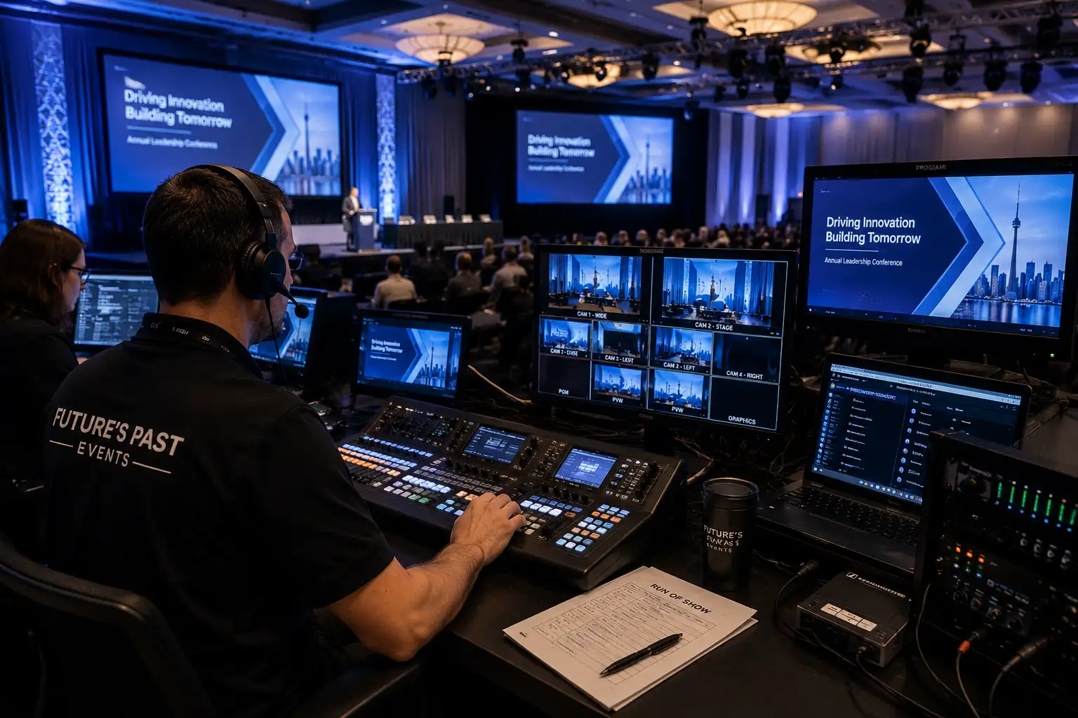 Conference AV control station managing presentations, sound, and video