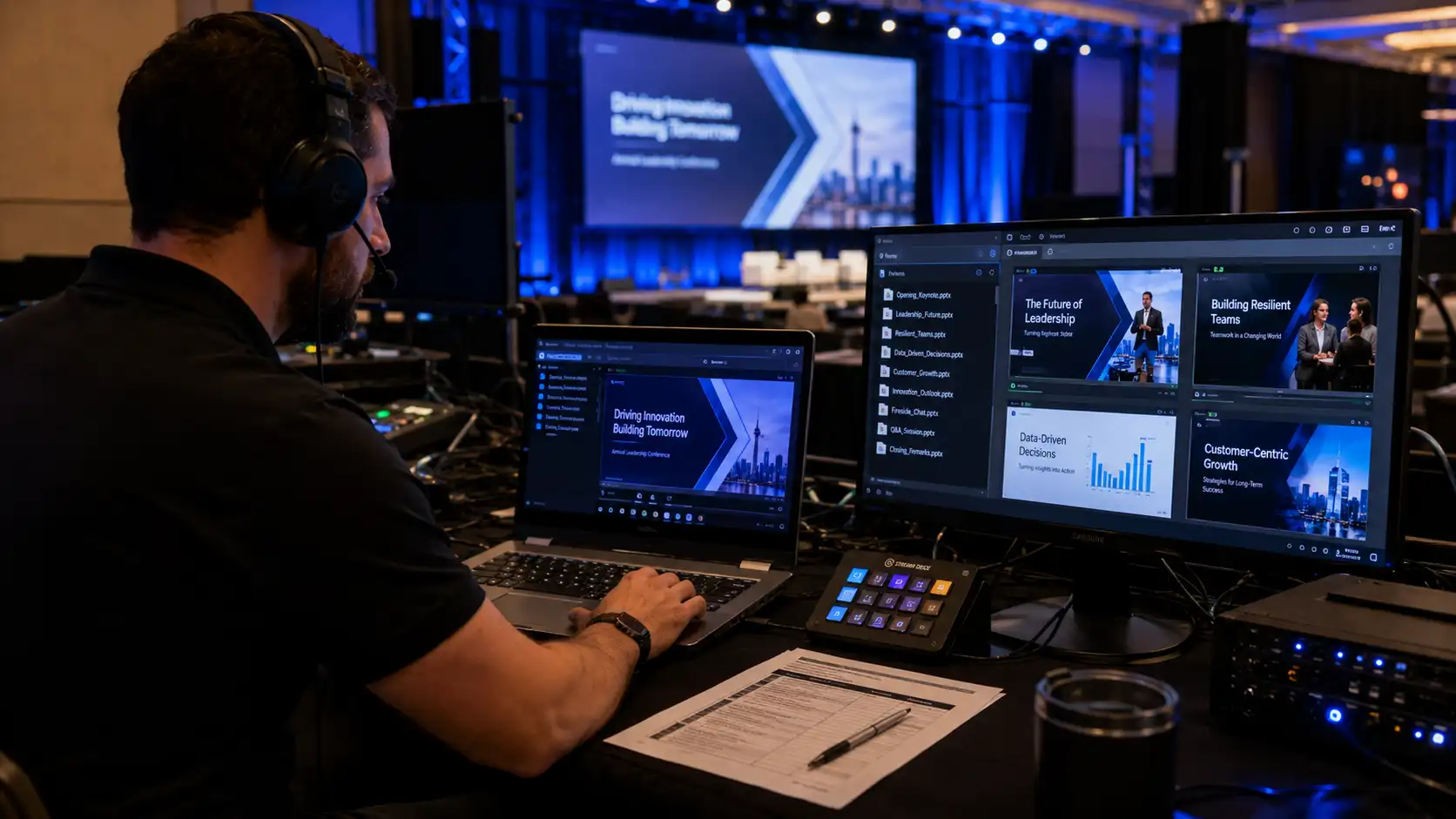 AV technician reviewing speaker presentation files before a conference