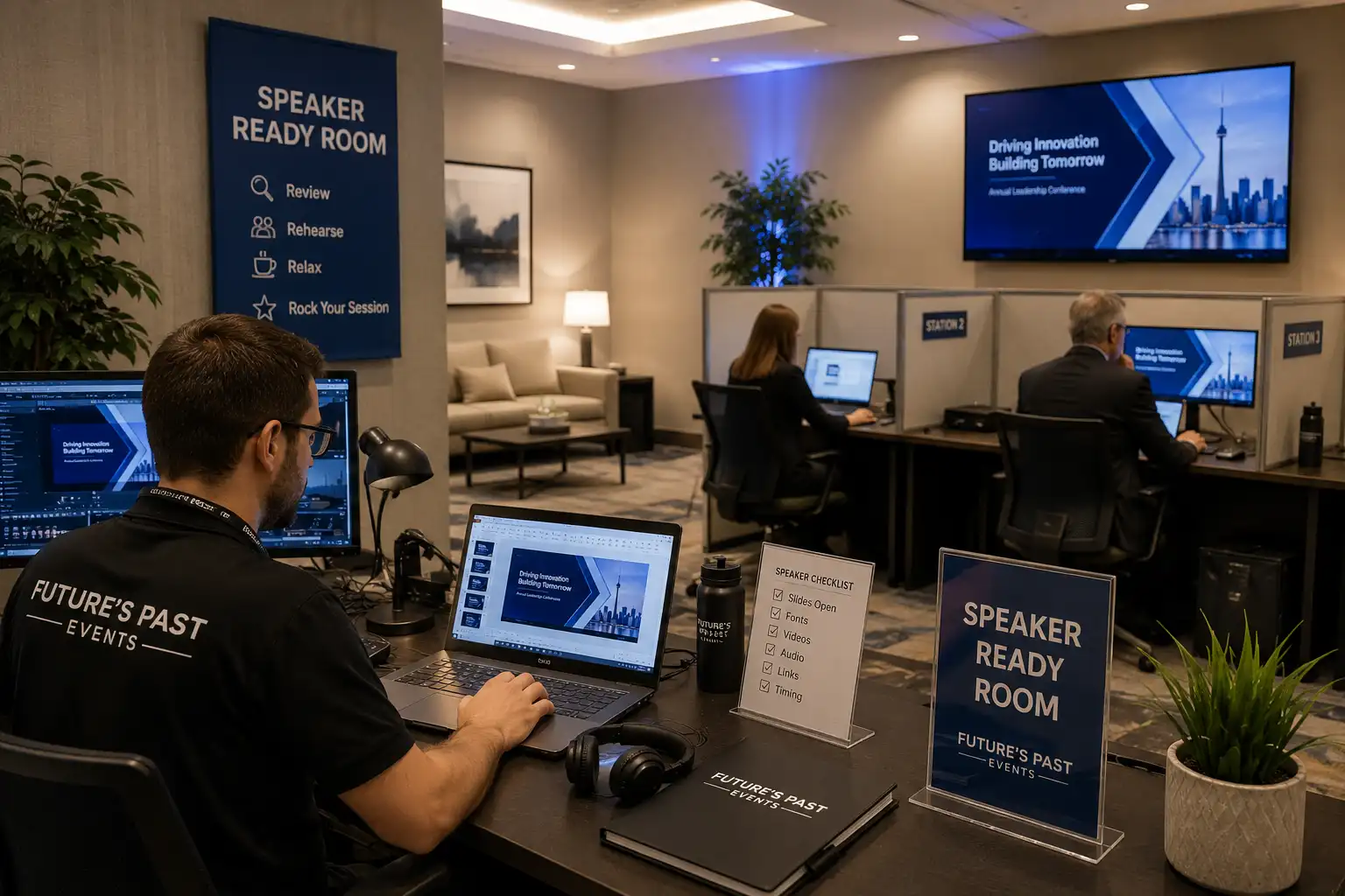 Speaker ready room for conference presentation review and technical support