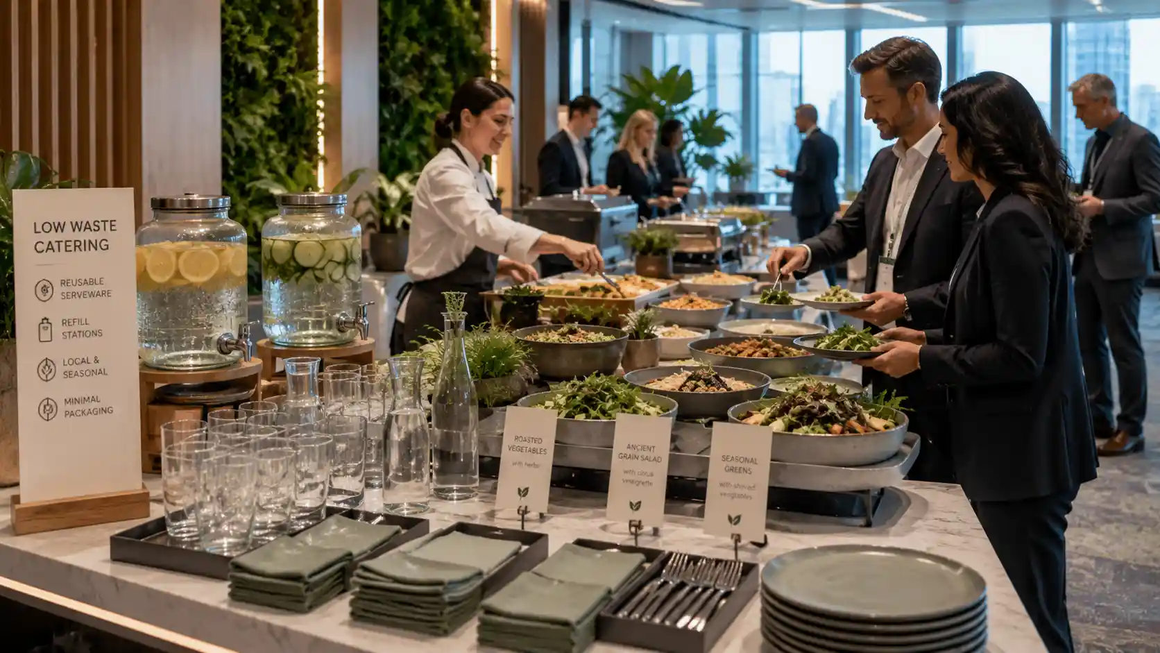 Reusable catering setup for a low-waste event