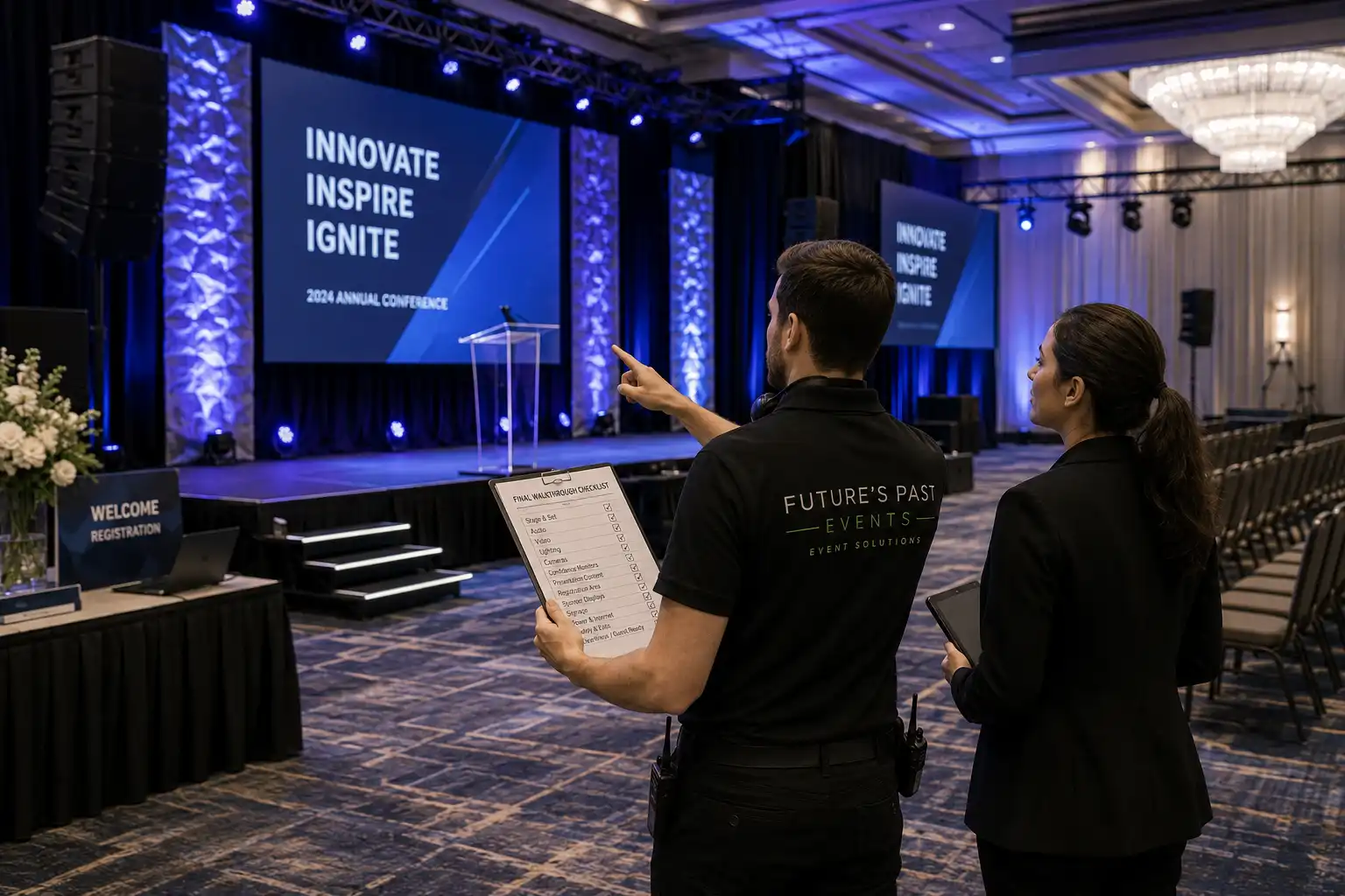 AV setup sequence for a corporate event before guest seating is installed