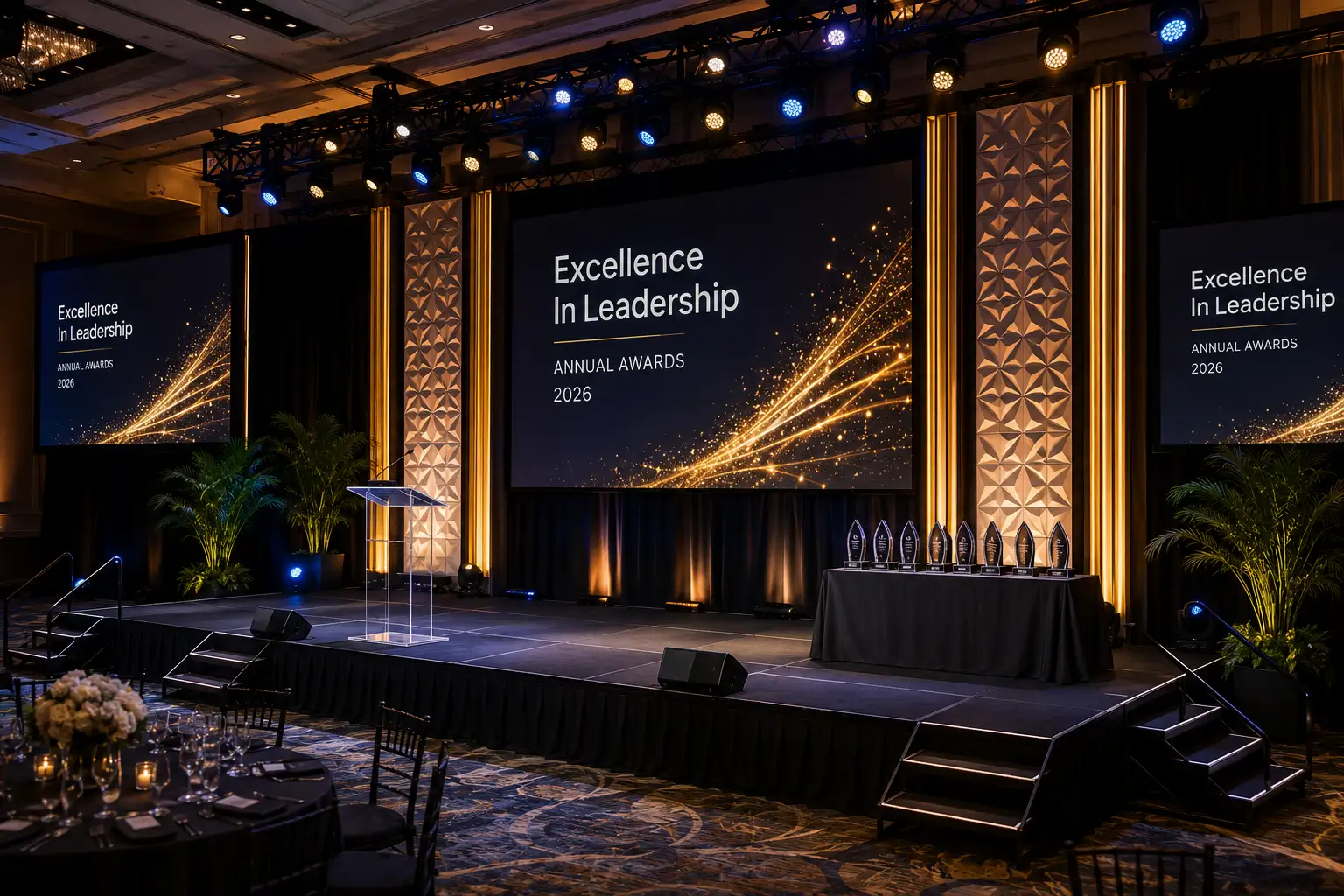 Corporate stage layout with audiovisual equipment, lighting, screens, and cameras