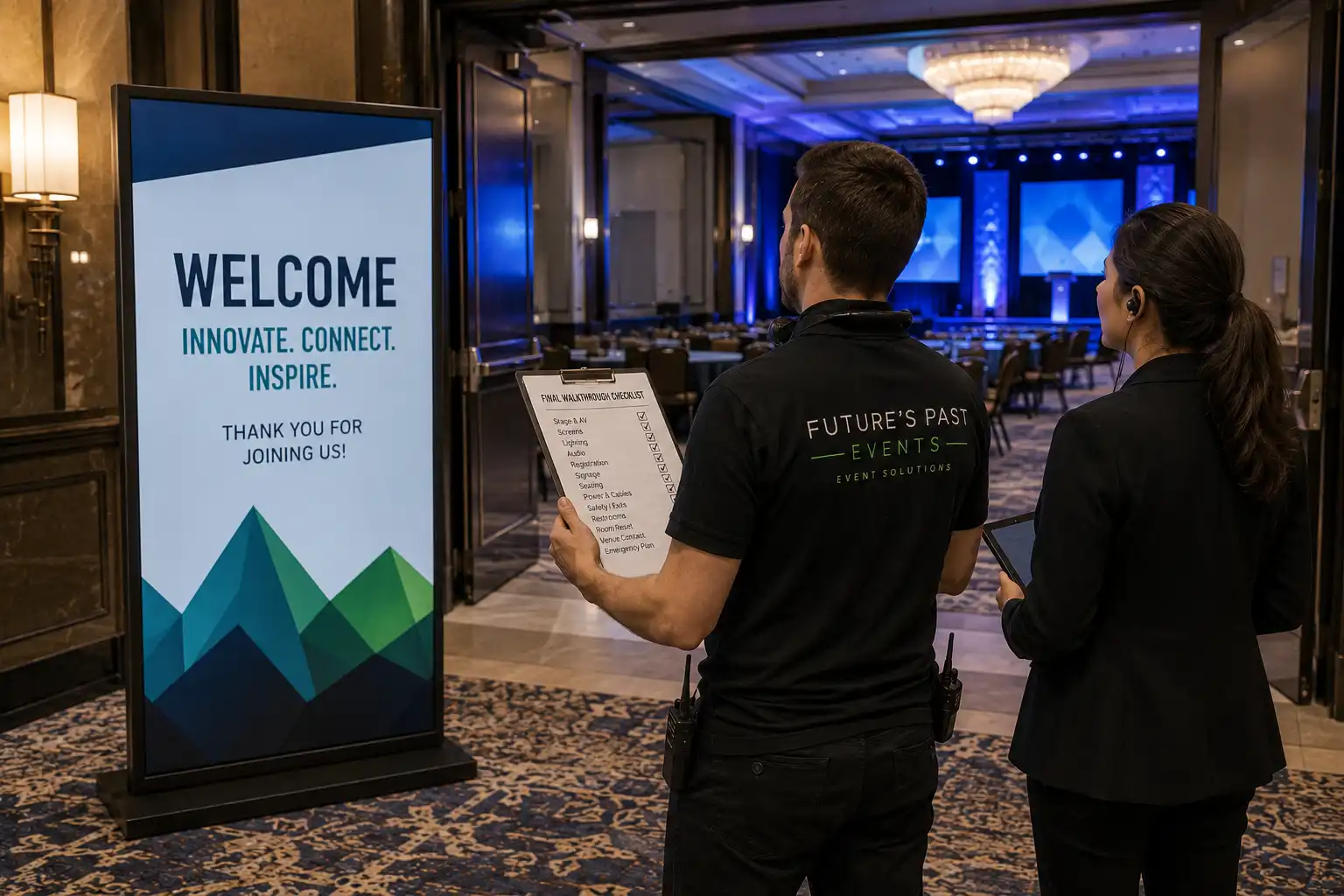 Final event production walkthrough before guests enter the venue