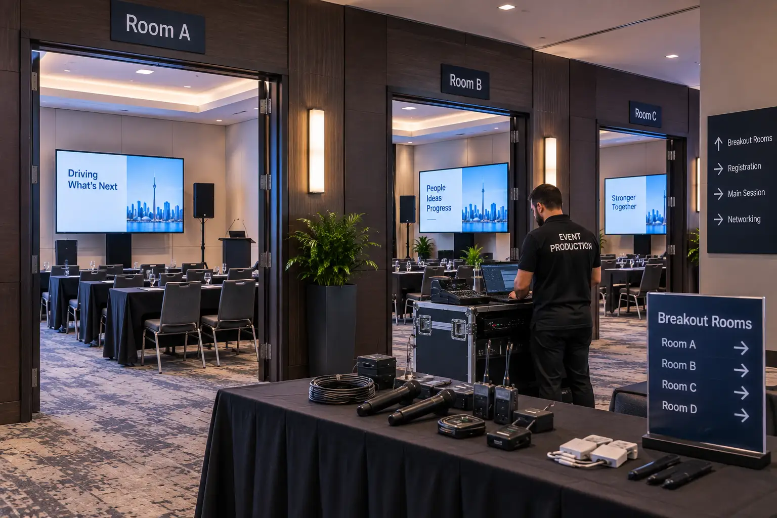 Conference breakout room AV setup with screens, microphones, and presentation equipment.