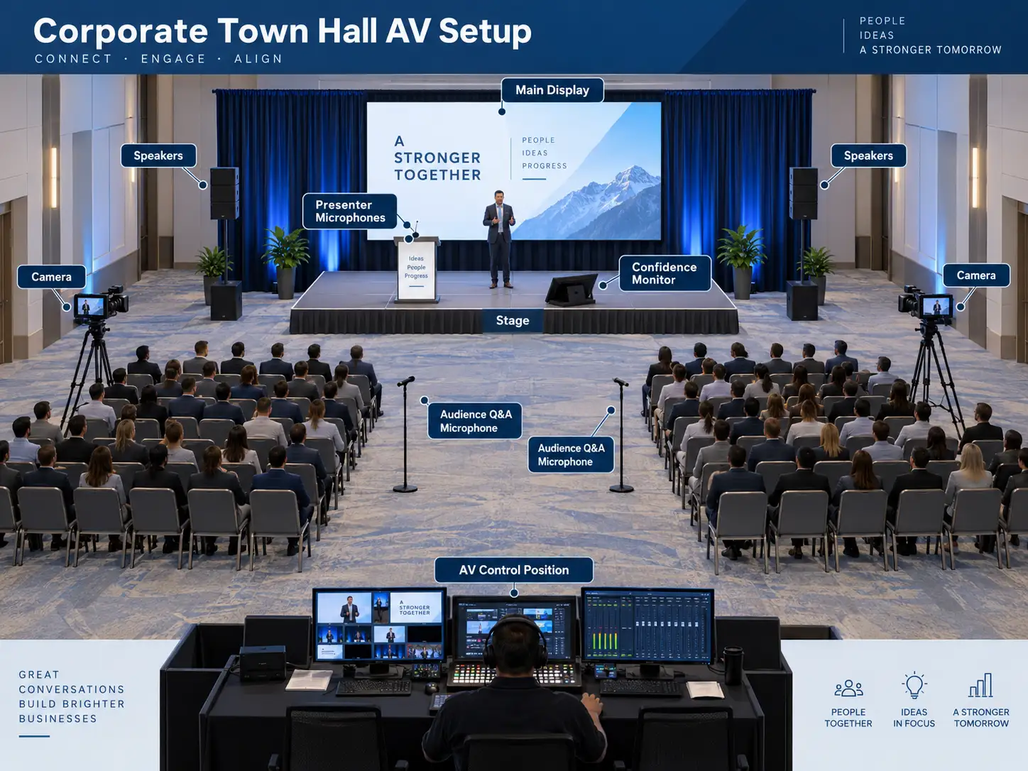 Corporate town hall AV setup with audio, video, cameras and audience microphones