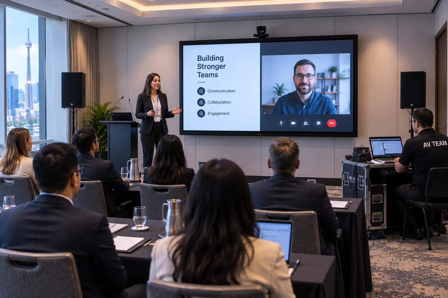 Hybrid breakout room with camera, microphones, remote presenter, and technical support.