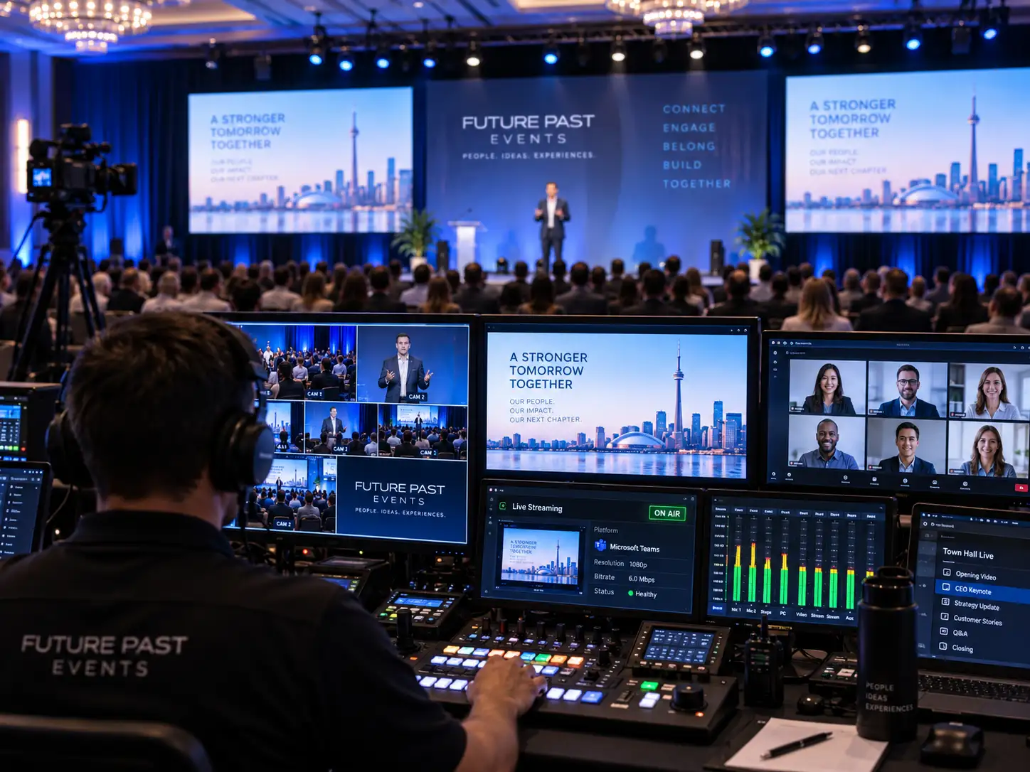 Hybrid town hall production control for livestreaming and remote employees