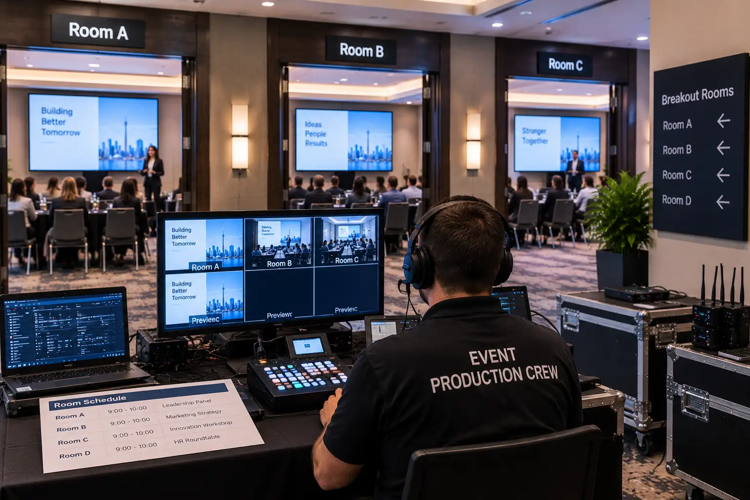 Multi-room conference AV team supporting several breakout sessions.