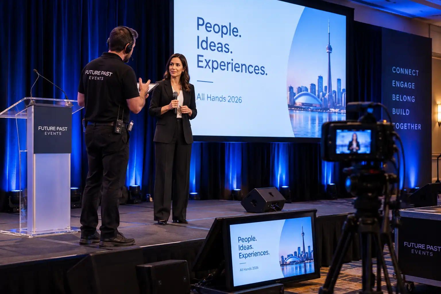 Town hall AV rehearsal before a corporate all-hands event
